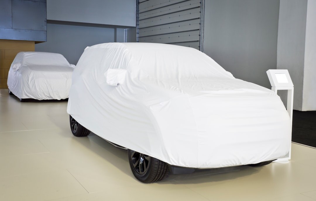 Automobile covered with a fabric dust cover in a hidden storage vault